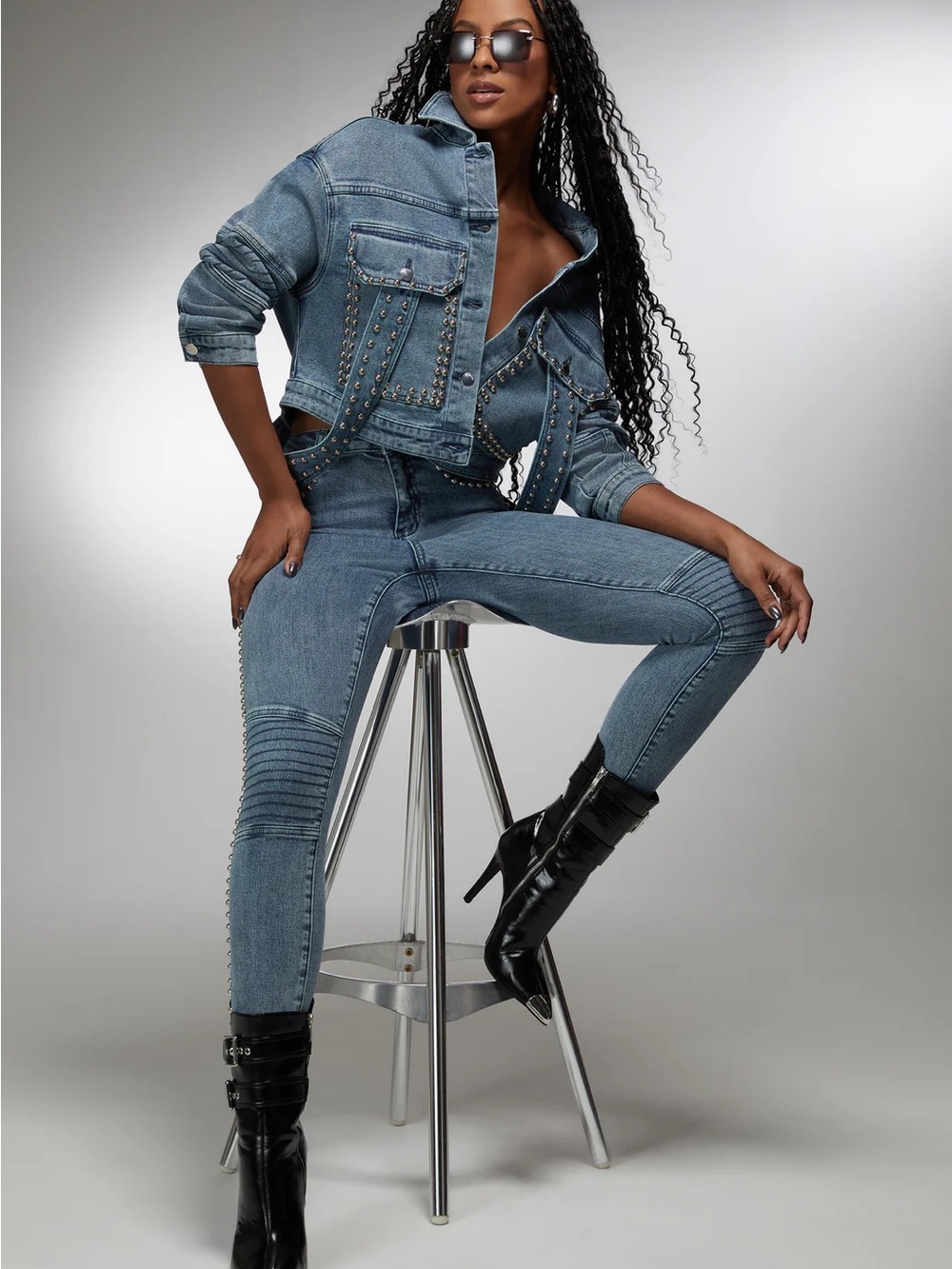 bebe x Ciara Blue Skinny Moto Jeans with Stud Detailing